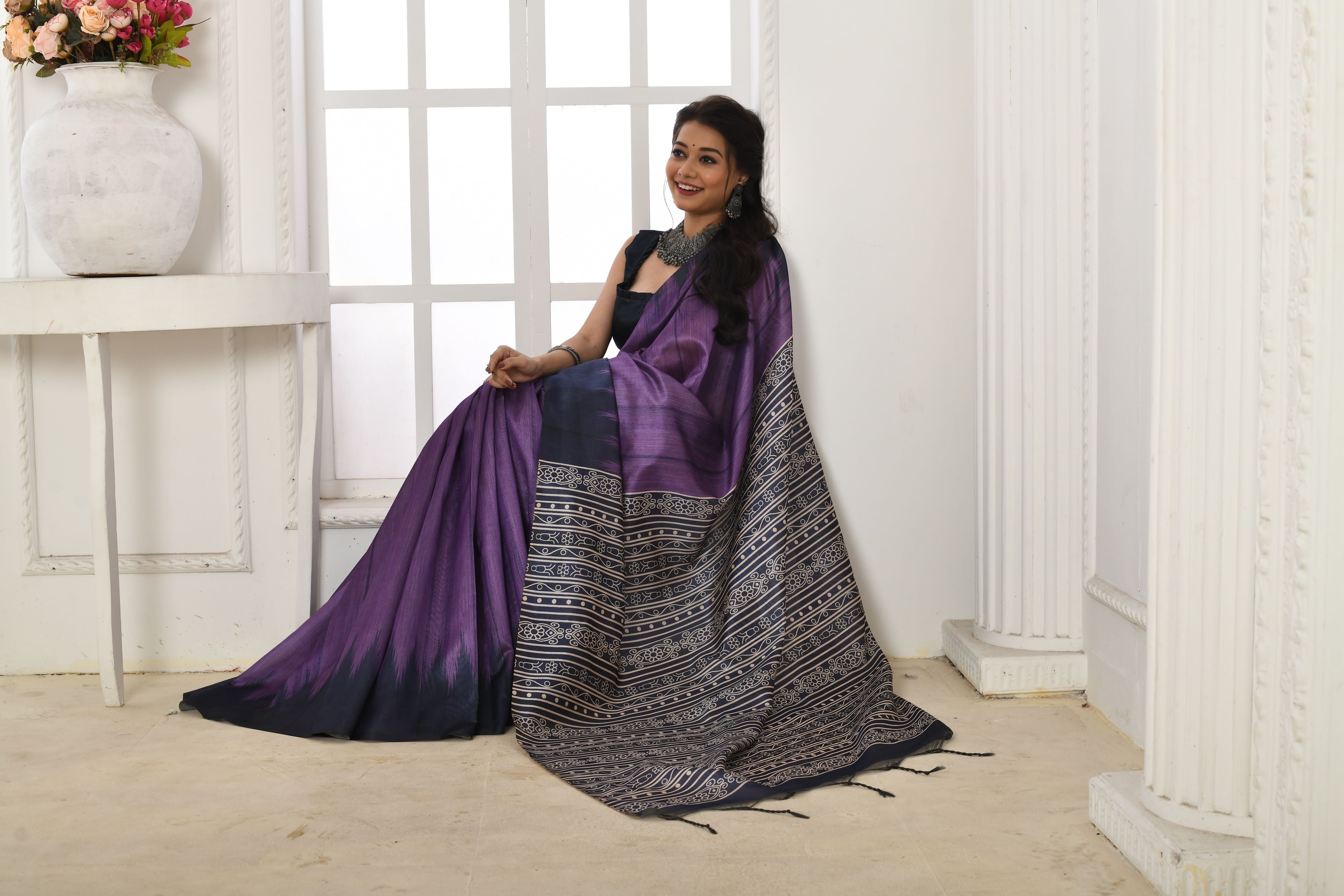 Vsaree Purple Tussar Silk Designer Saree With zari woven Bomkai Temple Border and contrast zari pallu And Blouse