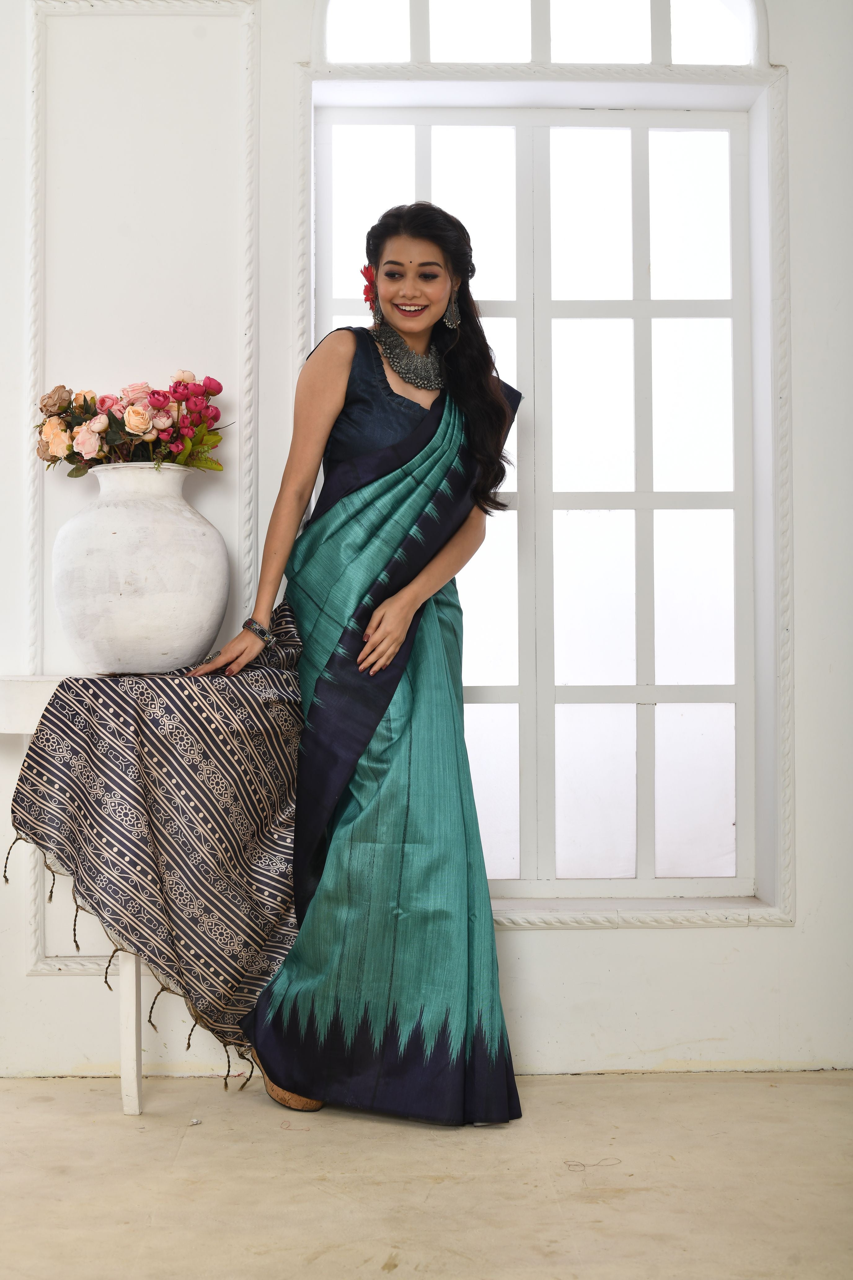 Vsaree Sky Blue Tussar Silk Designer Saree With zari woven Bomkai Temple Border and contrast zari pallu And Blouse