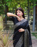 Vsaree Black Raw Silk Designer Saree With zari woven Bomkai Temple Border and contrast zari pallu And Blouse