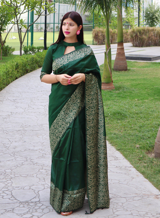 Vsaree Green Raw Silk Designer Saree With zari woven Bomkai Temple Border and contrast zari pallu And Blouse