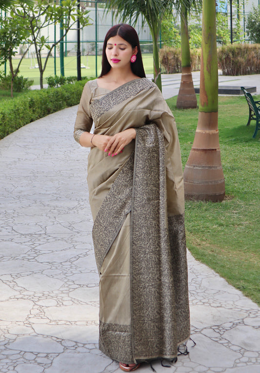 Vsaree Grey Raw Silk Designer Saree With zari woven Bomkai Temple Border and contrast zari pallu And Blouse