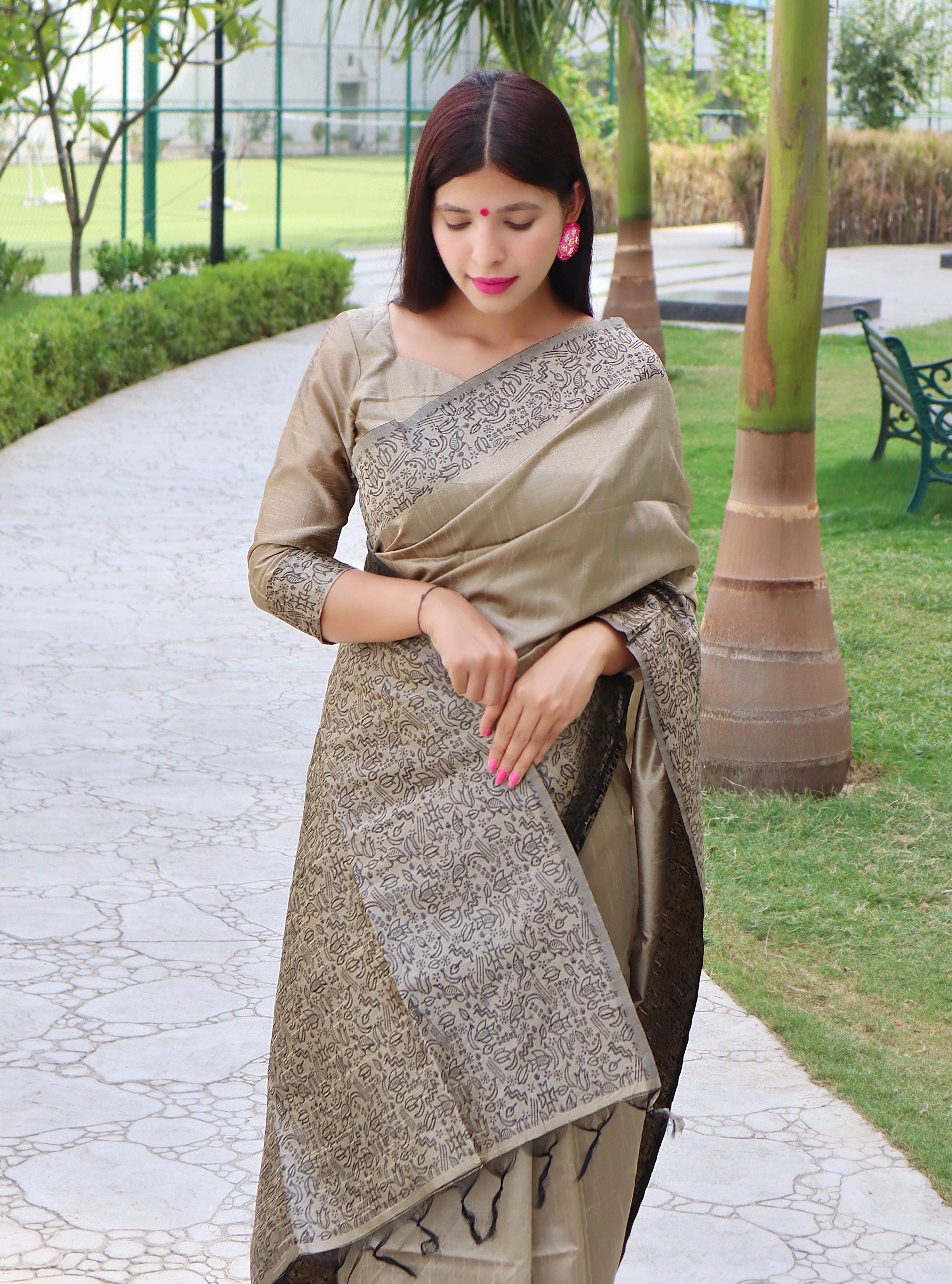 Vsaree Grey Raw Silk Designer Saree With zari woven Bomkai Temple Border and contrast zari pallu And Blouse