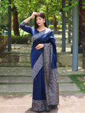 Vsaree Navy Blue Raw Silk Designer Saree With zari woven Bomkai Temple Border and contrast zari pallu And Blouse