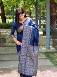 Vsaree Navy Blue Raw Silk Designer Saree With zari woven Bomkai Temple Border and contrast zari pallu And Blouse