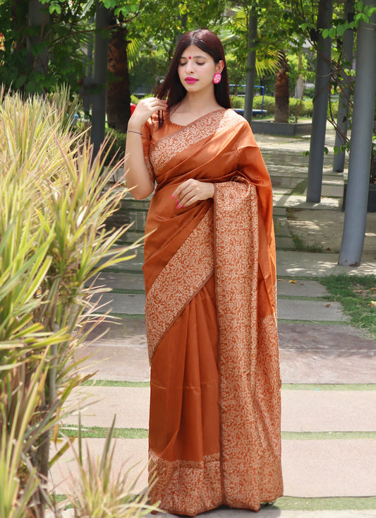 Vsaree Orange Raw Silk Designer Saree With zari woven Bomkai Temple Border and contrast zari pallu And Blouse