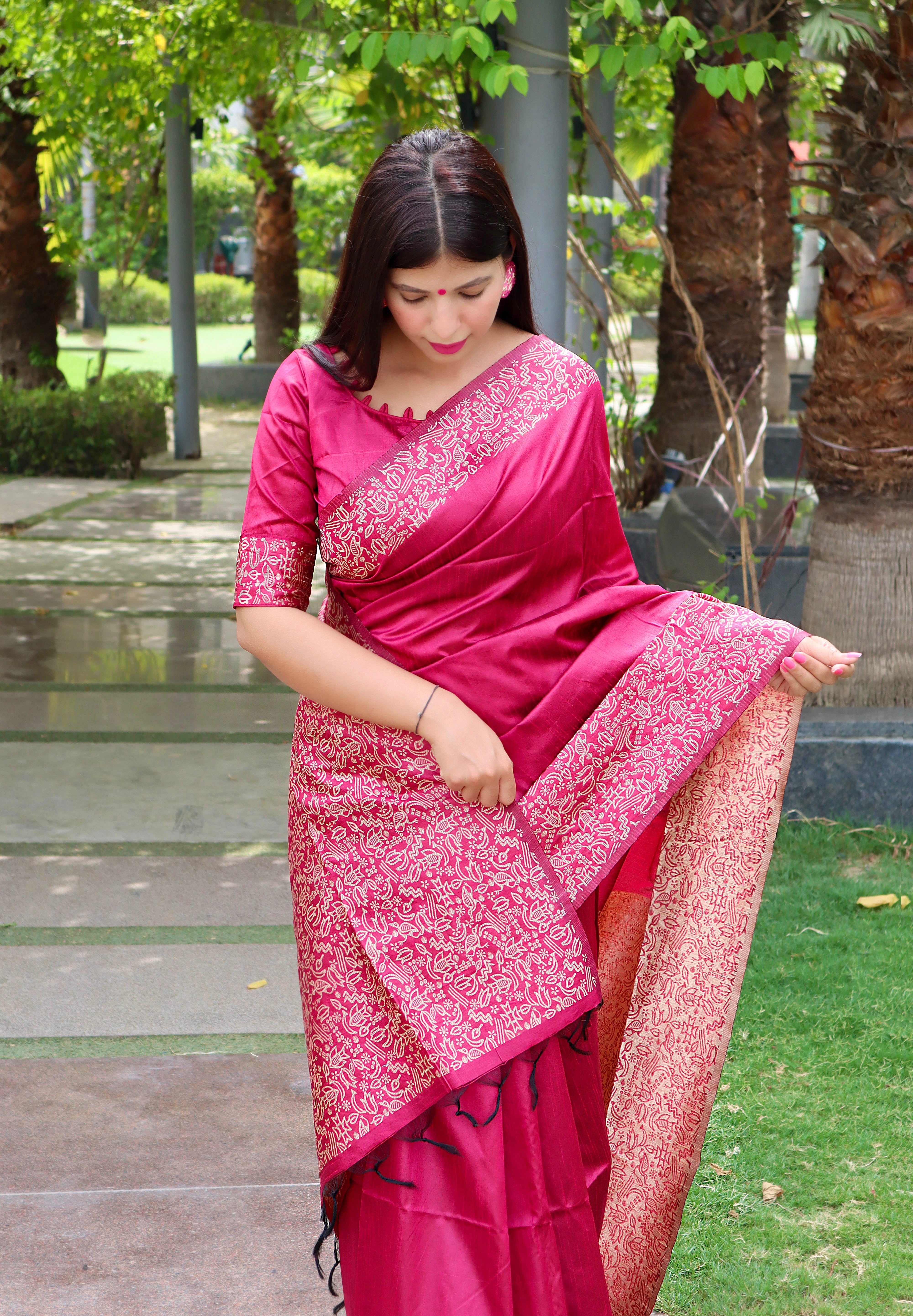 Vsaree Pink Raw Silk Designer Saree With zari woven Bomkai Temple Border and contrast zari pallu And Blouse