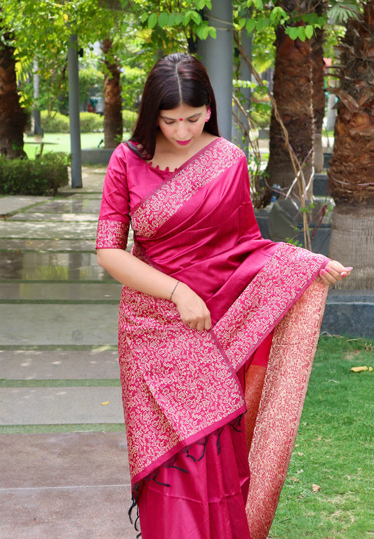 Vsaree Pink Raw Silk Designer Saree With zari woven Bomkai Temple Border and contrast zari pallu And Blouse