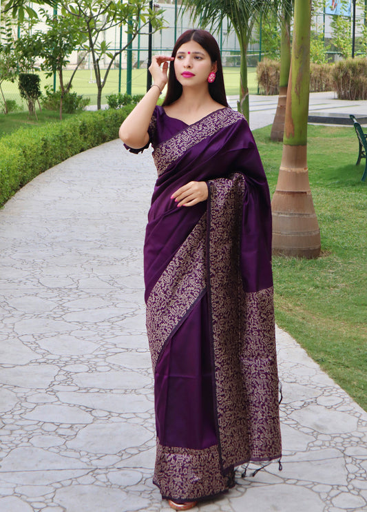 Vsaree Purple Raw Silk Designer Saree With zari woven Bomkai Temple Border and contrast zari pallu And Blouse