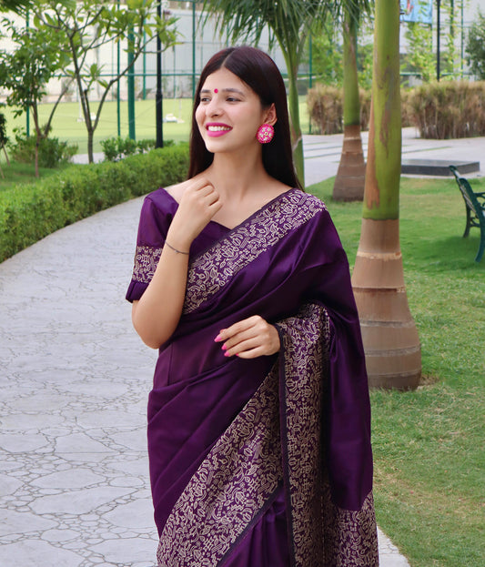 Vsaree Purple Raw Silk Designer Saree With zari woven Bomkai Temple Border and contrast zari pallu And Blouse