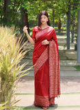 Vsaree Red Raw Silk Designer Saree With zari woven Bomkai Temple Border and contrast zari pallu And Blouse