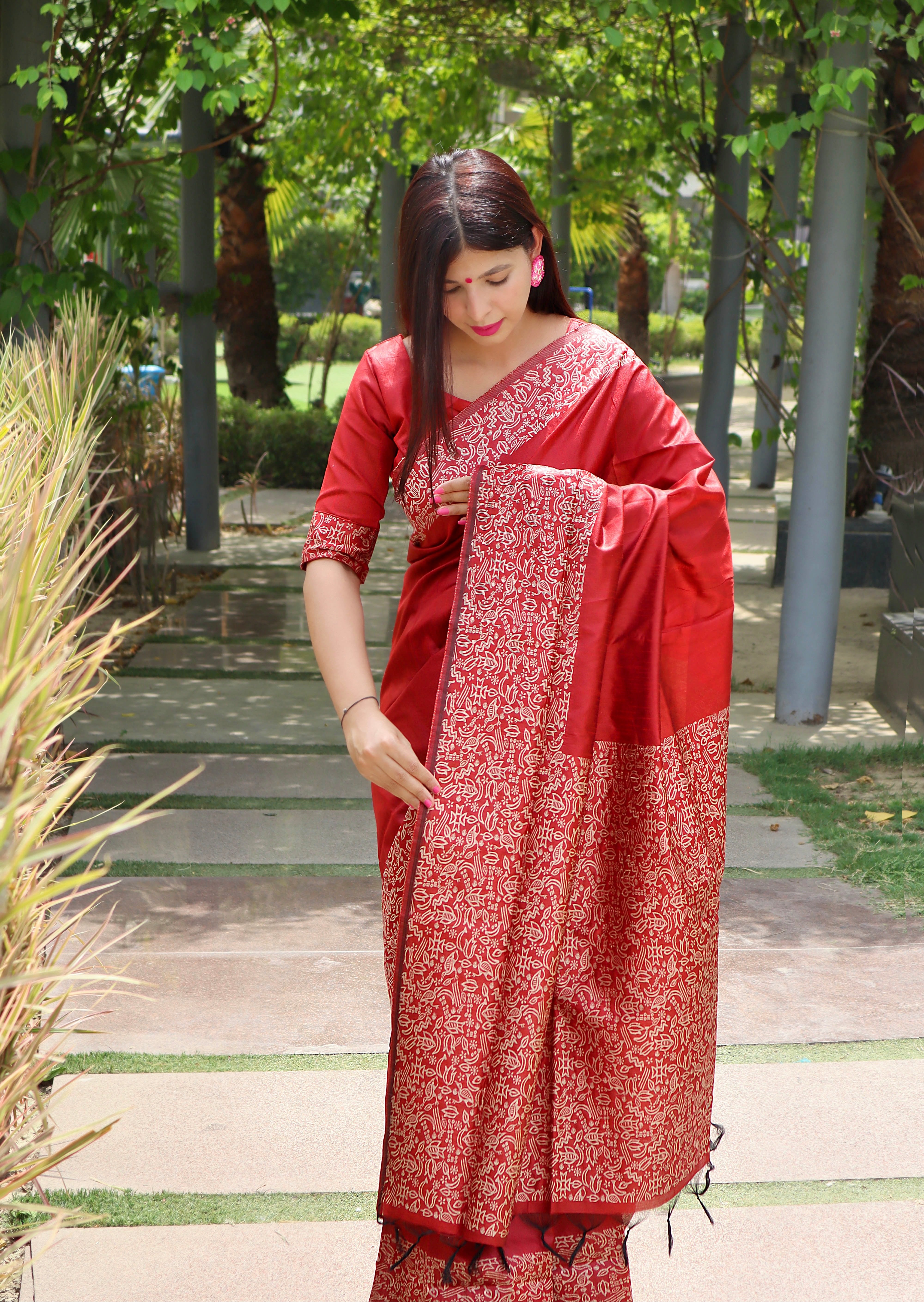 Vsaree Red Raw Silk Designer Saree With zari woven Bomkai Temple Border and contrast zari pallu And Blouse