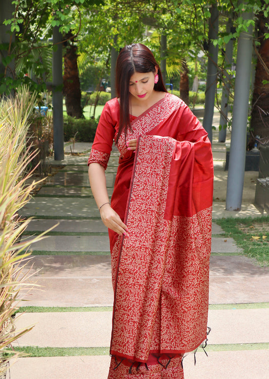 Vsaree Red Raw Silk Designer Saree With zari woven Bomkai Temple Border and contrast zari pallu And Blouse