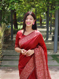 Vsaree Red Raw Silk Designer Saree With zari woven Bomkai Temple Border and contrast zari pallu And Blouse