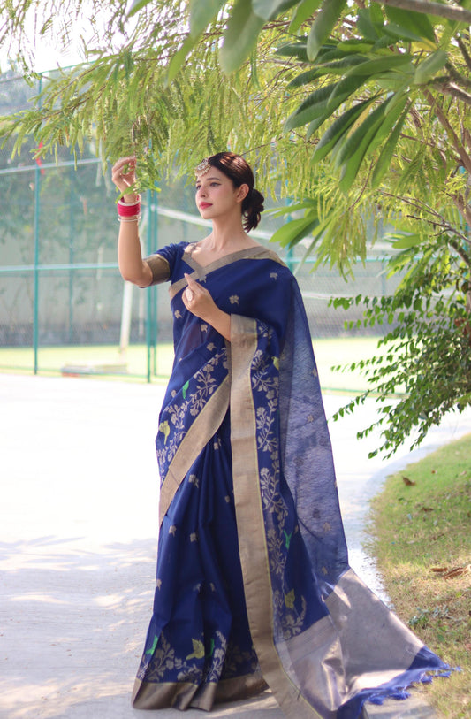 Vsaree  Blue Silk Saree With traditional Jamdani type weaving border And Blouse