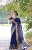 Vsaree  Blue Silk Saree With traditional Jamdani type weaving border And Blouse