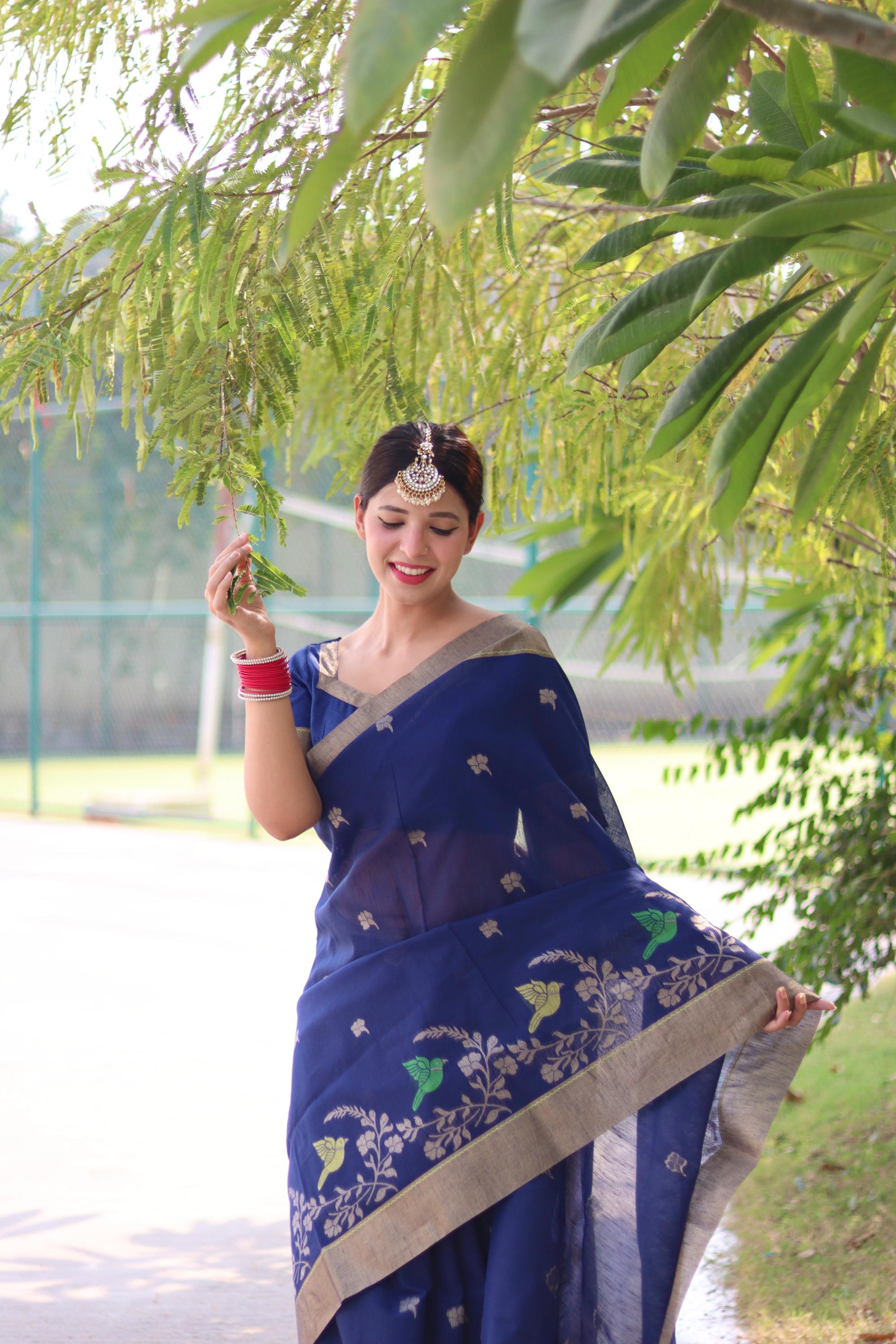 Vsaree  Blue Silk Saree With traditional Jamdani type weaving border And Blouse