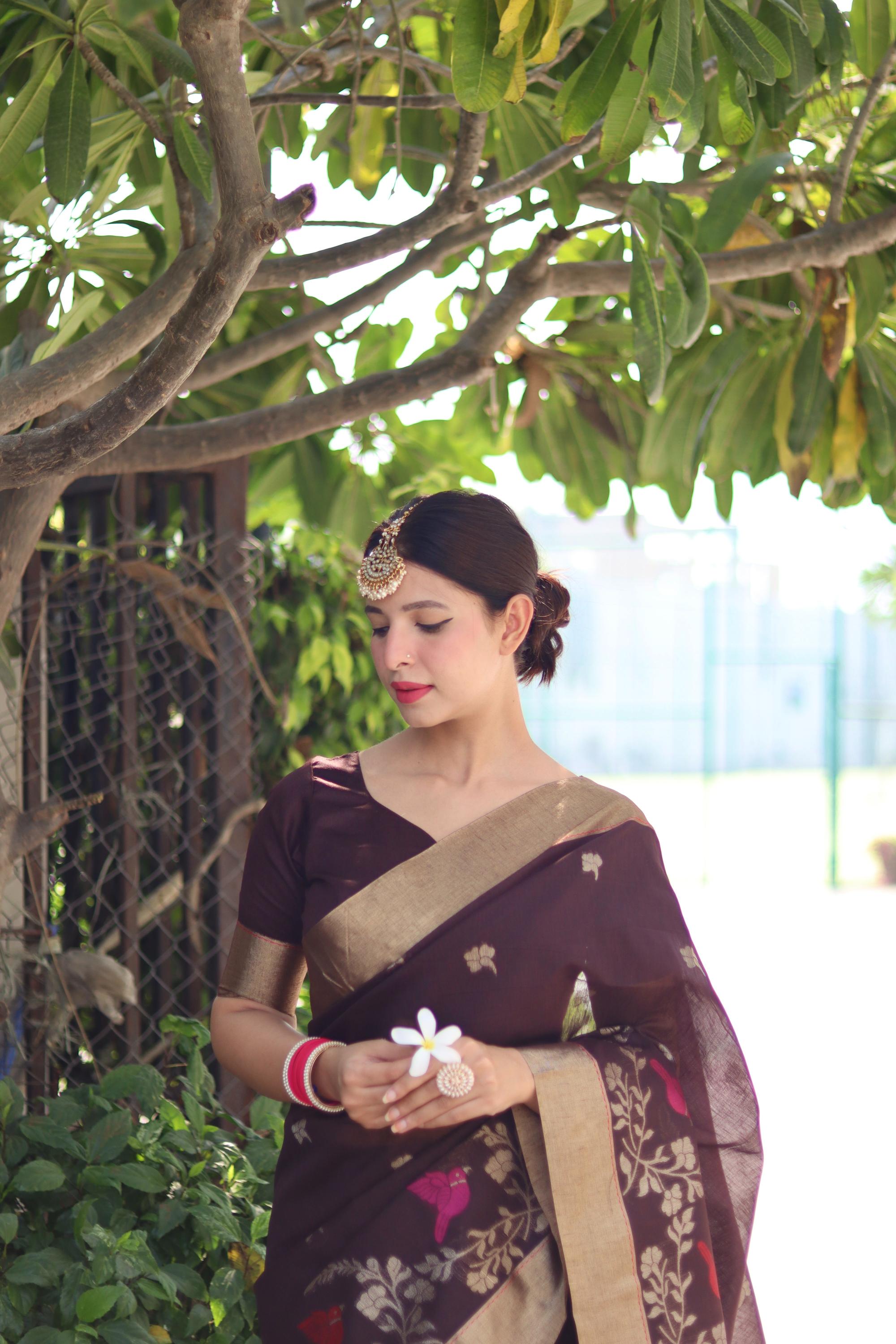 Vsaree  Brown Silk Saree With traditional Jamdani type weaving border And Blouse