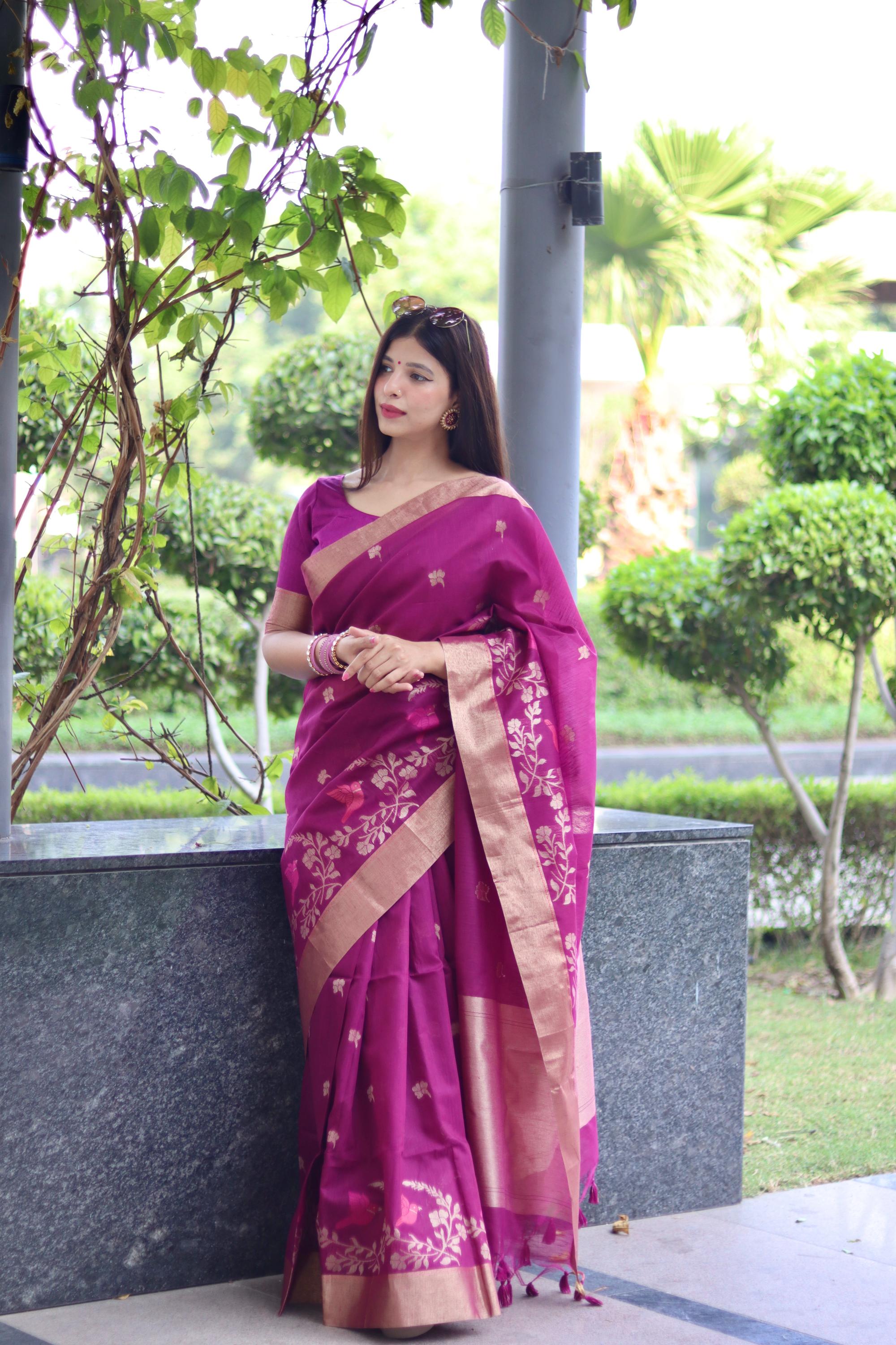 Vsaree  Purple Silk Saree With traditional Jamdani type weaving border And Blouse