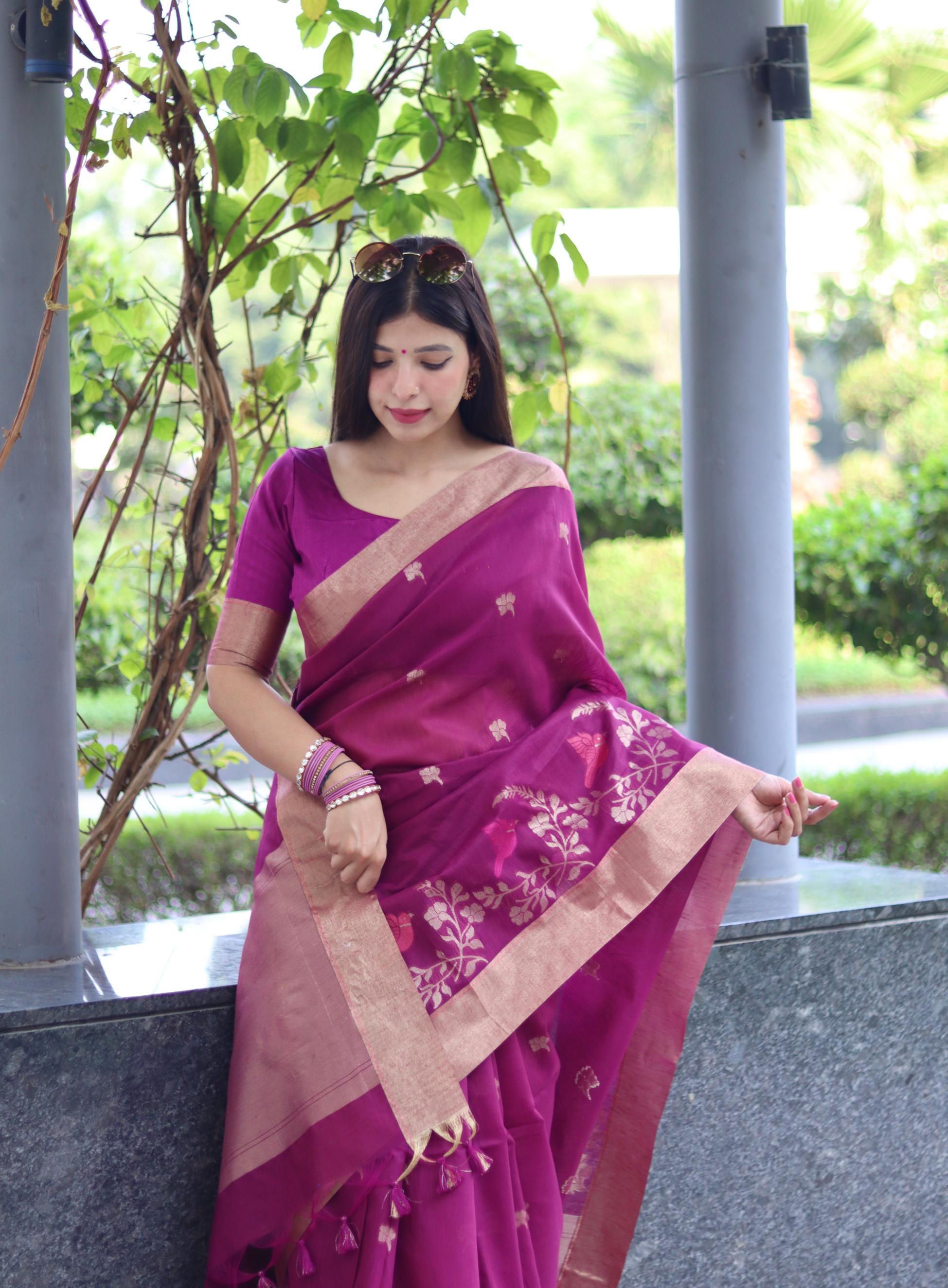 Vsaree  Purple Silk Saree With traditional Jamdani type weaving border And Blouse