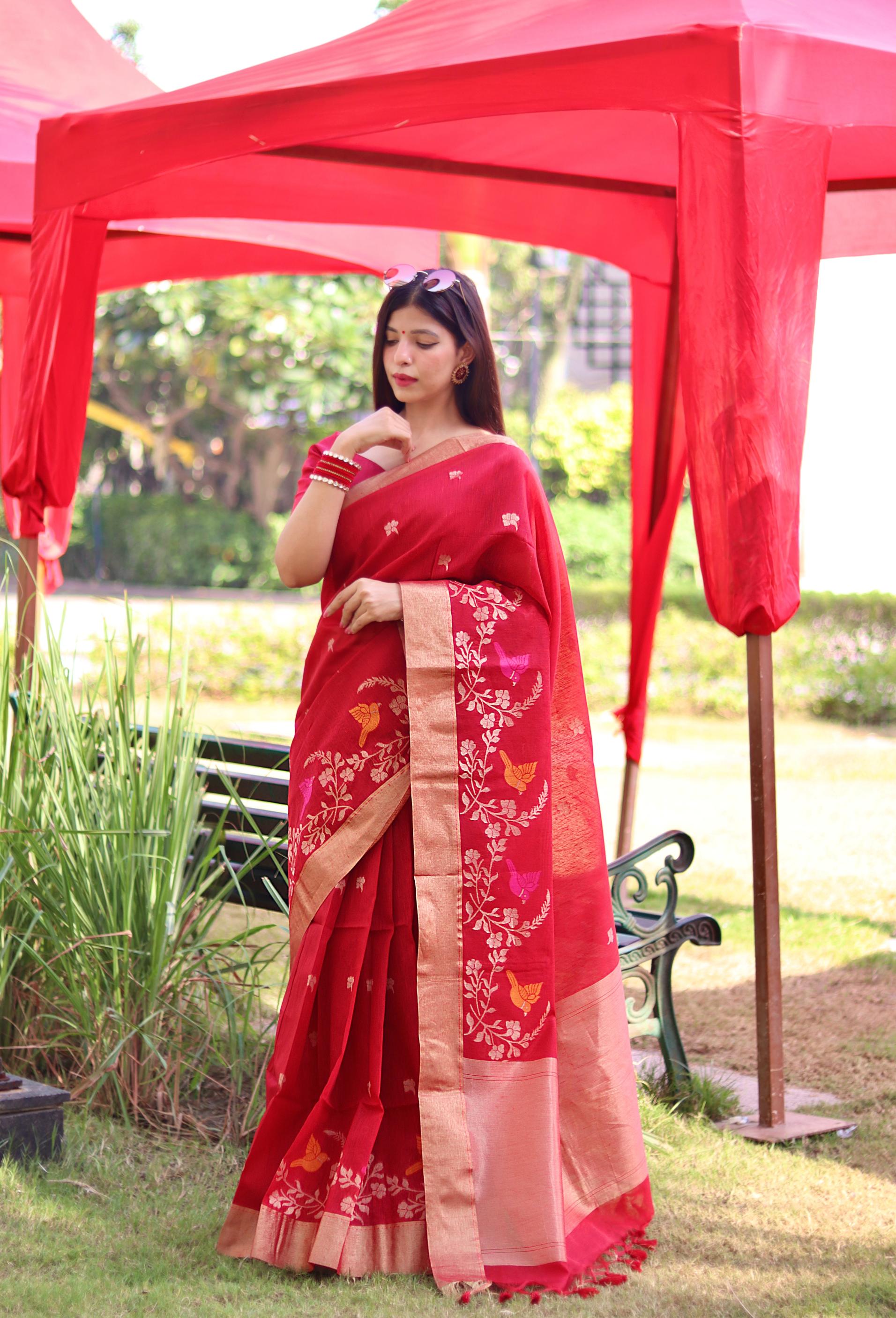 Vsaree Red Linen Silk Saree With traditional Jamdani type weaving border And Blouse