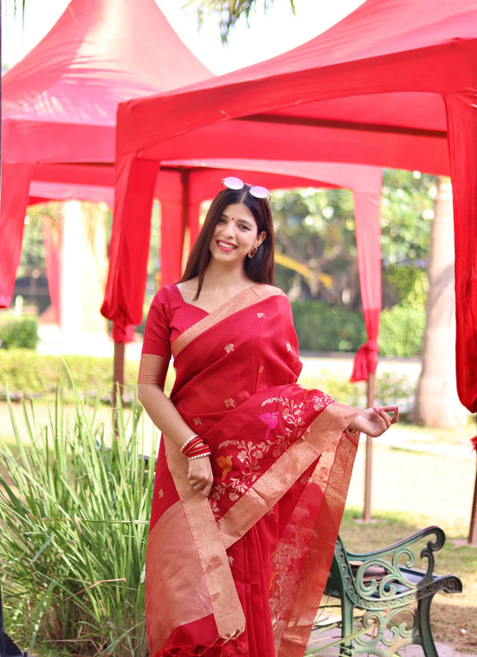 Vsaree Red Linen Silk Saree With traditional Jamdani type weaving border And Blouse