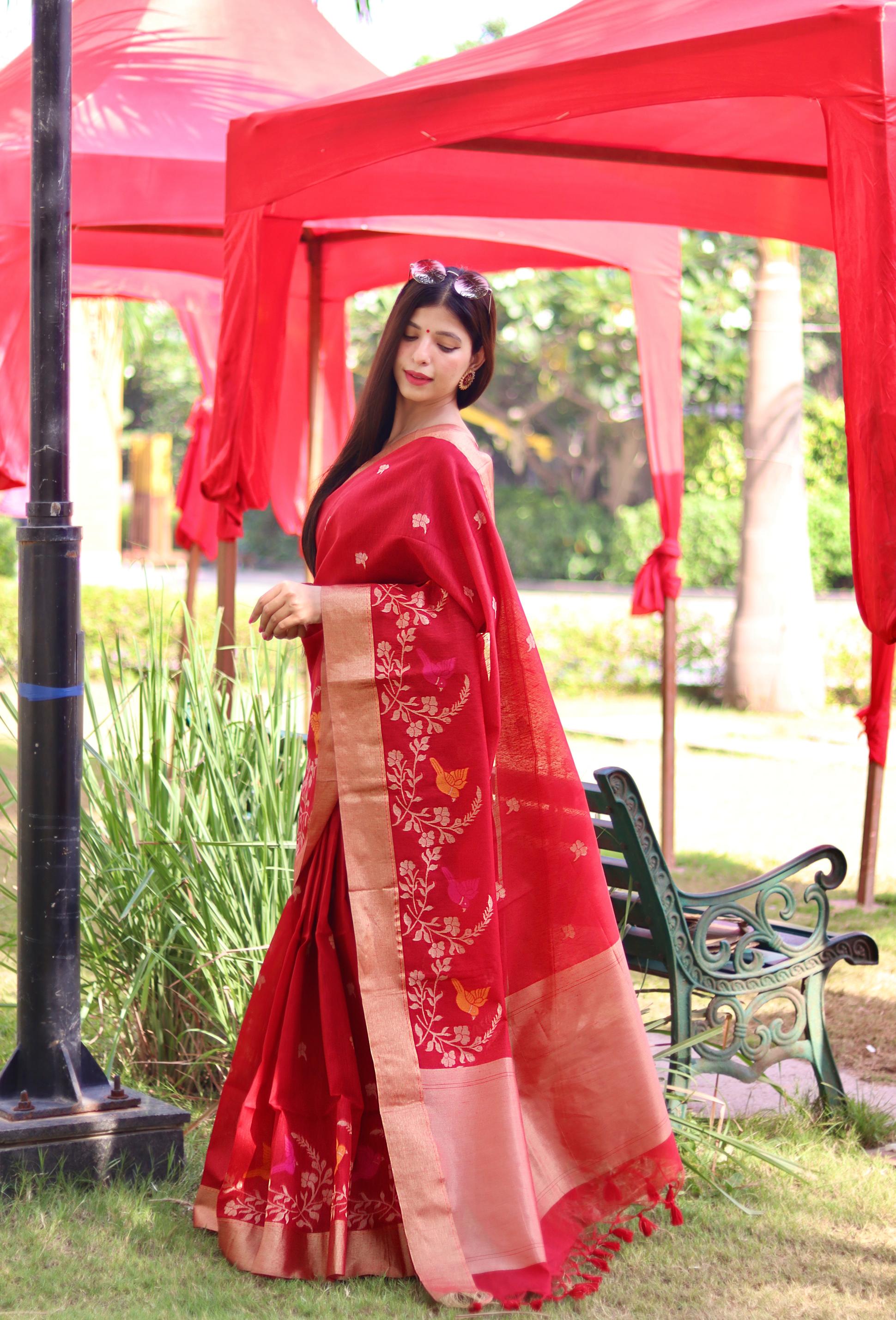 Vsaree Red Linen Silk Saree With traditional Jamdani type weaving border And Blouse