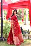 Vsaree Red Linen Silk Saree With traditional Jamdani type weaving border And Blouse