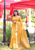 Vsaree Yellow Linen Silk Saree Withtraditional Jamdani type weaving border And Blouse