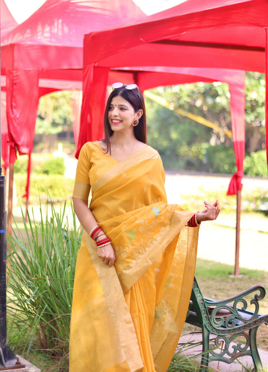 Vsaree Yellow Linen Silk Saree Withtraditional Jamdani type weaving border And Blouse