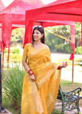 Vsaree Yellow Linen Silk Saree Withtraditional Jamdani type weaving border And Blouse