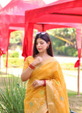 Vsaree Yellow Linen Silk Saree Withtraditional Jamdani type weaving border And Blouse