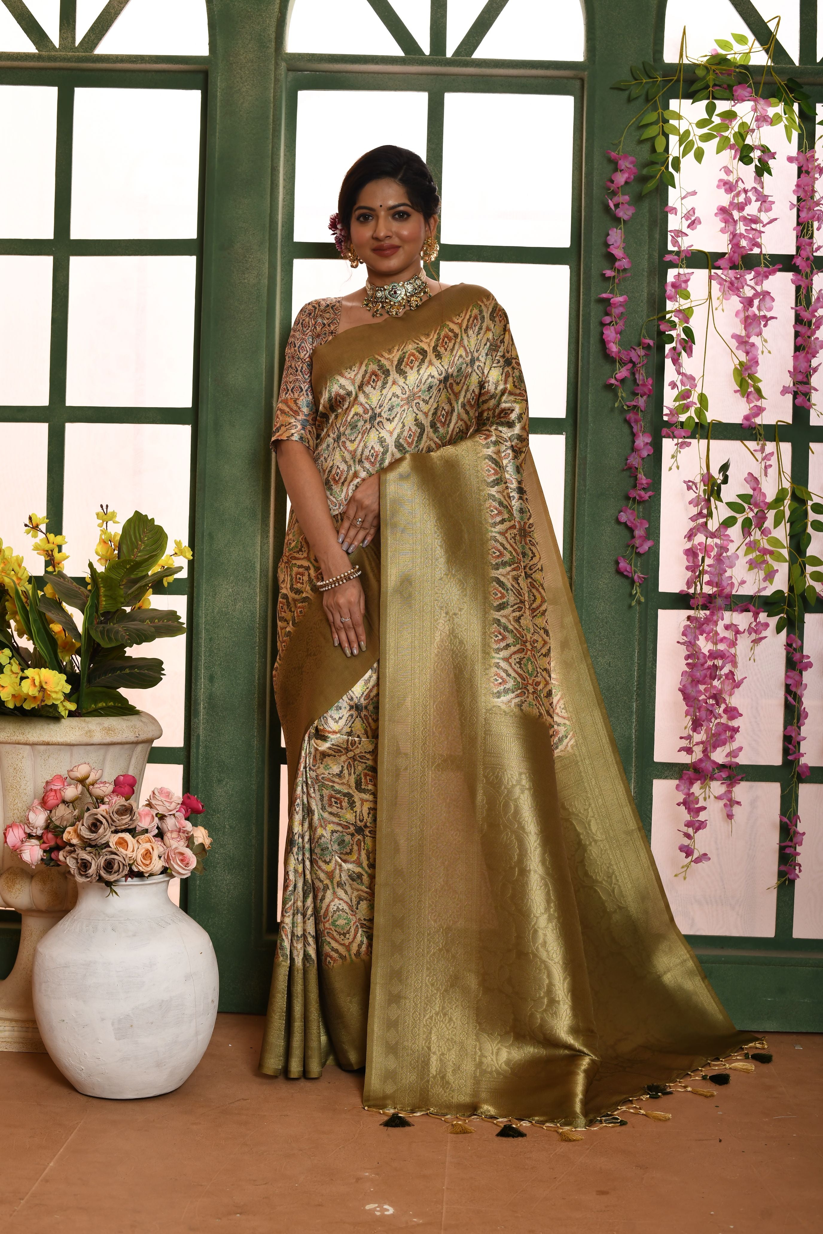 Vsaree Green Soft Silk all over zari woven pattern With classic zari woven pallu And Blouse