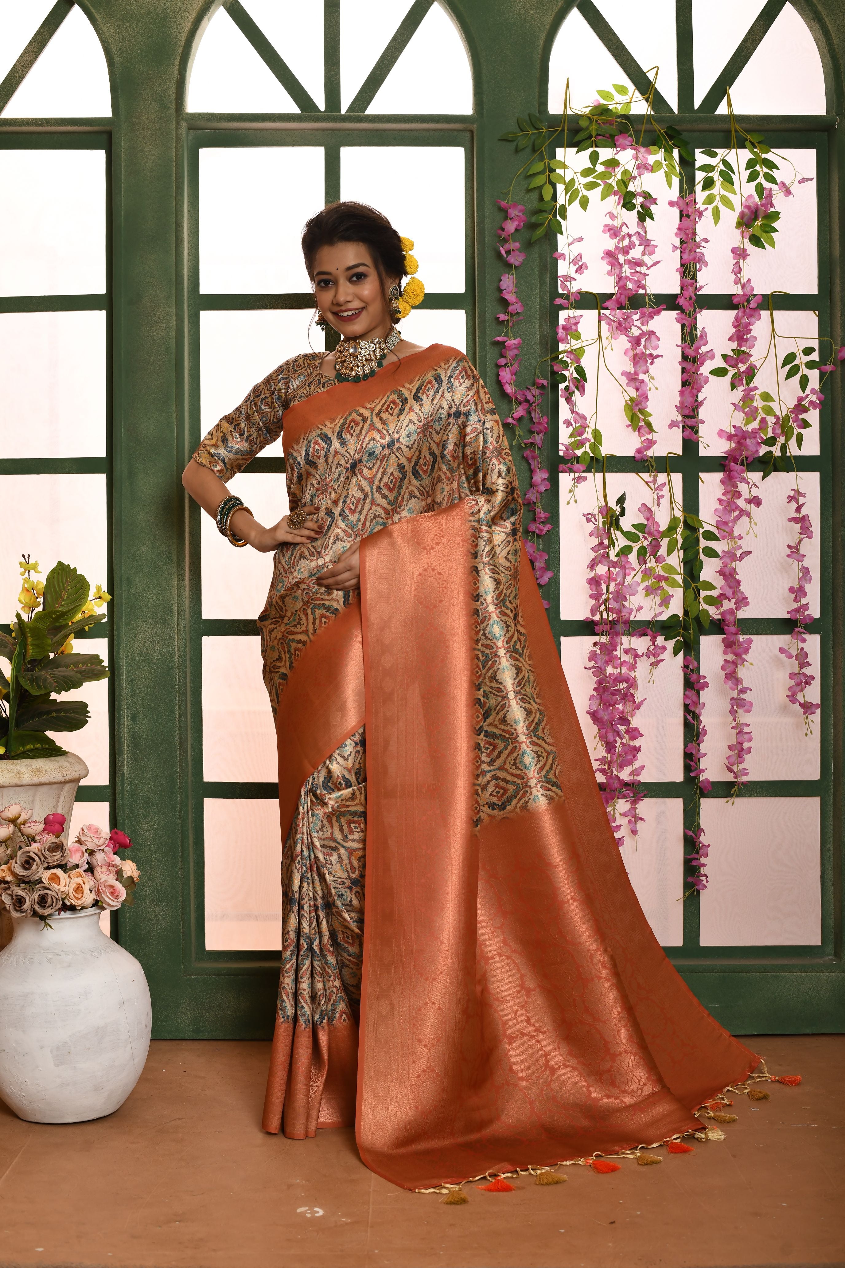 Vsaree Peach Soft Silk all over zari woven pattern With classic zari woven pallu And Blouse