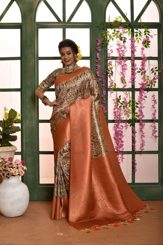 Vsaree Peach Soft Silk all over zari woven pattern With classic zari woven pallu And Blouse