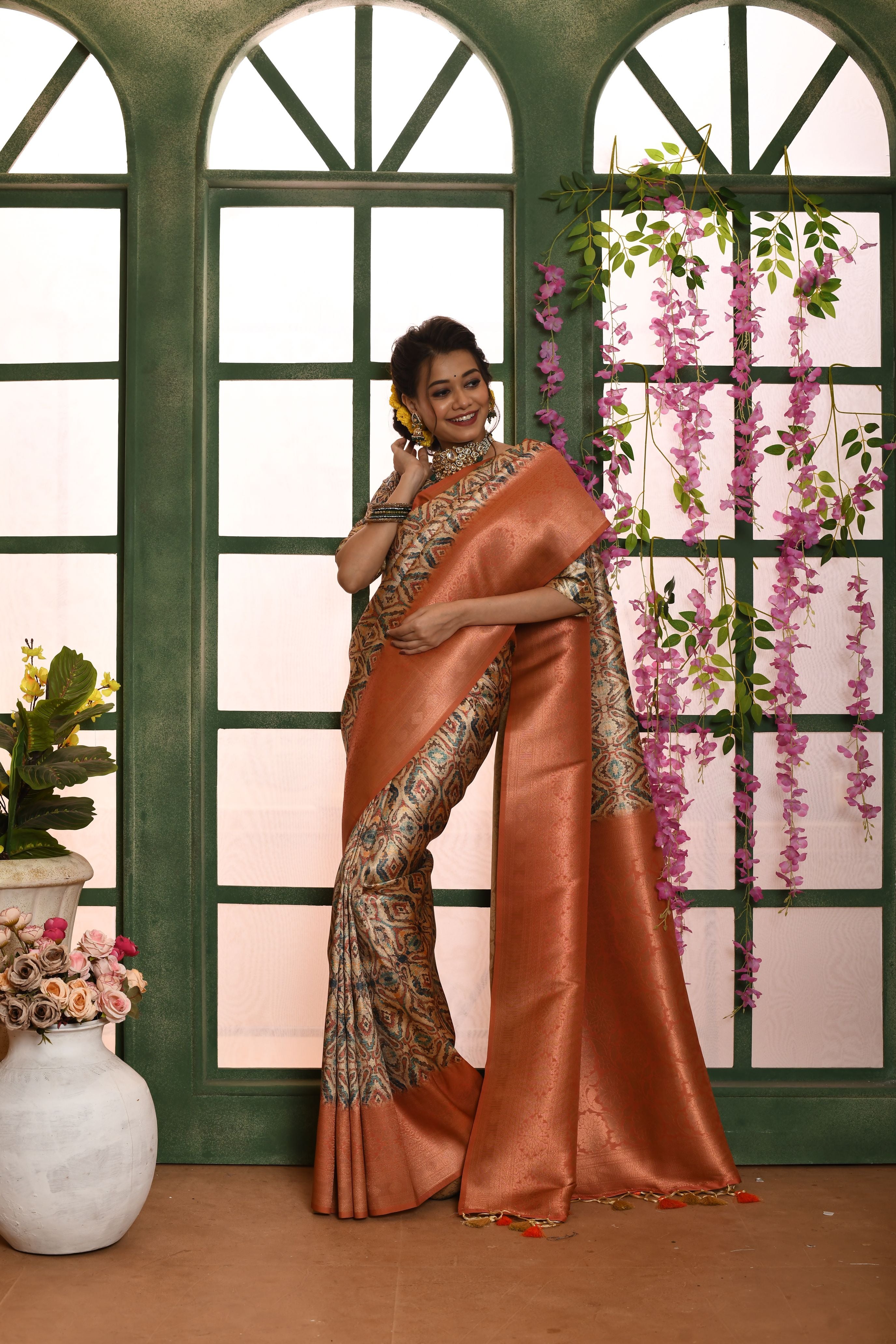 Vsaree Peach Soft Silk all over zari woven pattern With classic zari woven pallu And Blouse