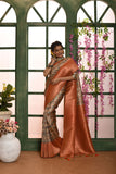 Vsaree Peach Soft Silk all over zari woven pattern With classic zari woven pallu And Blouse