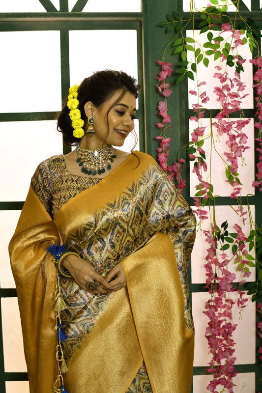 Vsaree Yellow Soft Silk all over zari woven pattern With classic zari woven pallu And Blouse