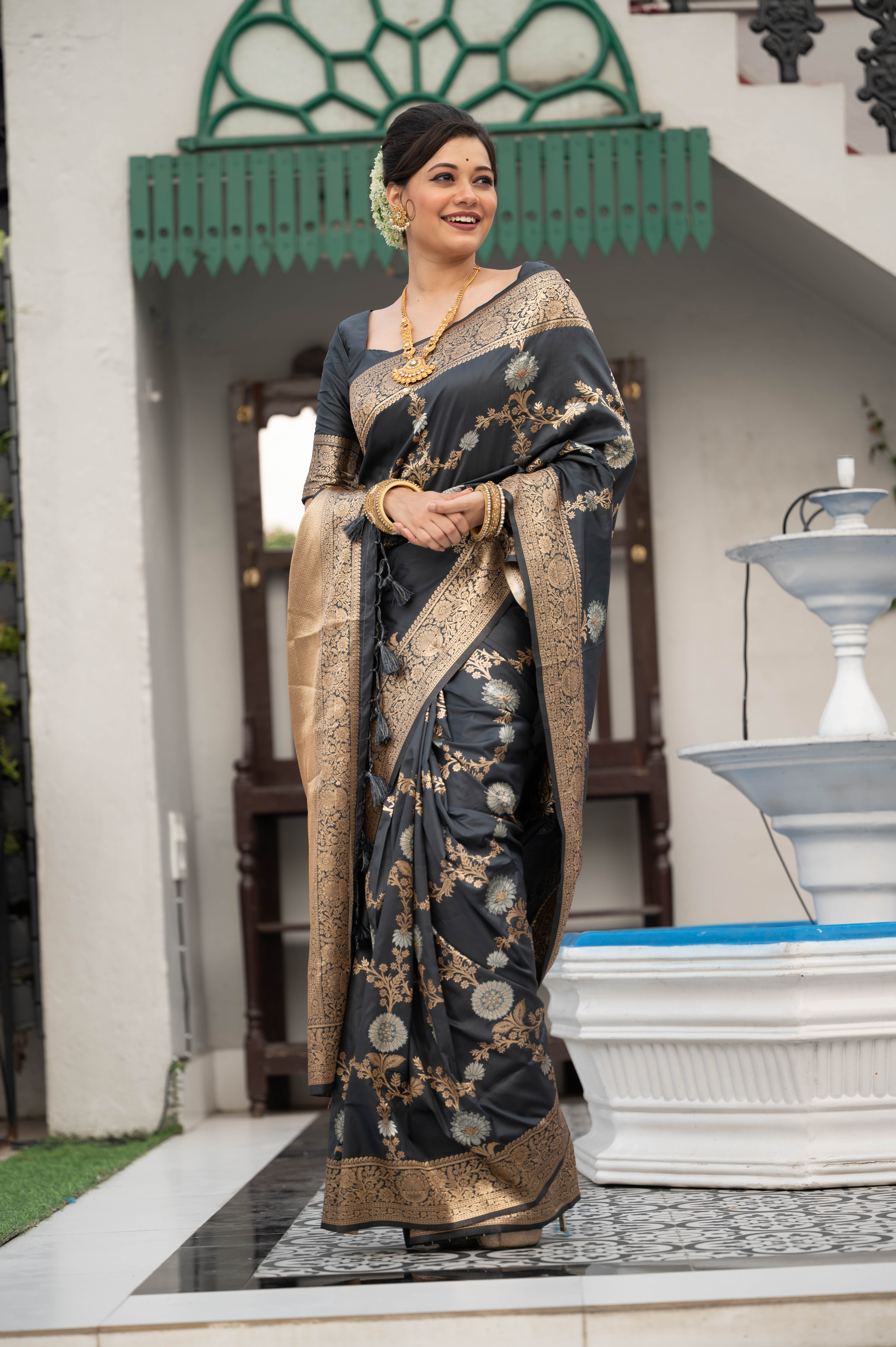 Vsaree Black Katan Silk Saree With traditional Jamdani type weaving border And Blouse