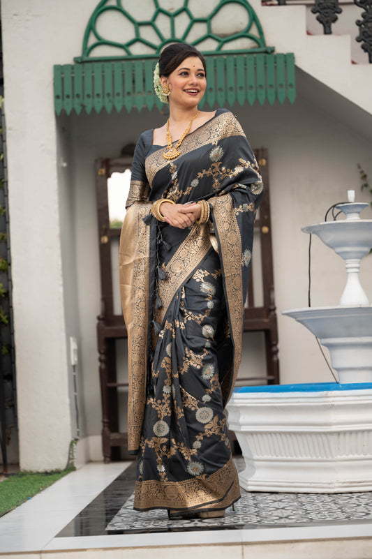 Vsaree Black Katan Silk Saree With traditional Jamdani type weaving border And Blouse