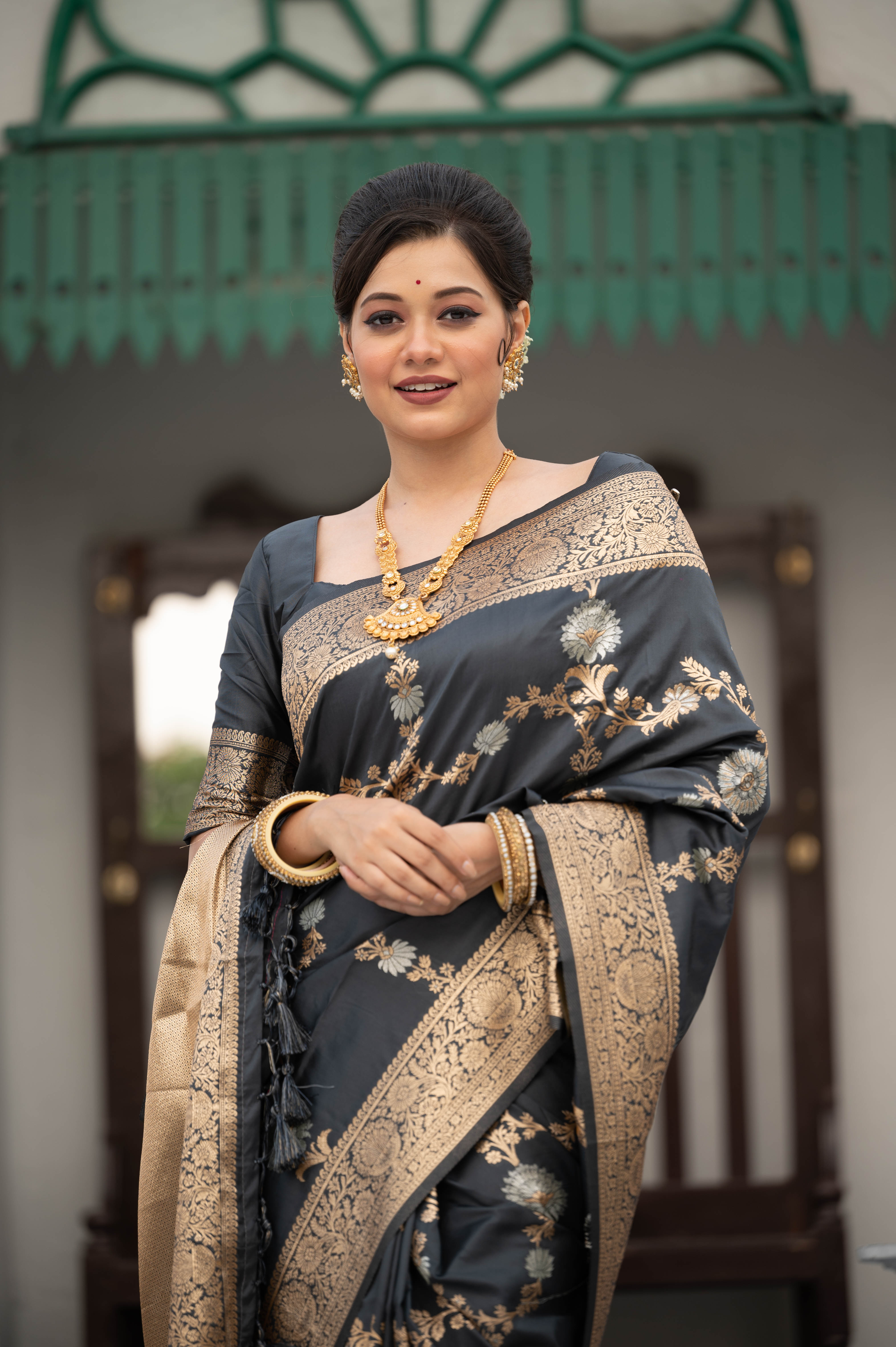 Vsaree Black Katan Silk Saree With traditional Jamdani type weaving border And Blouse