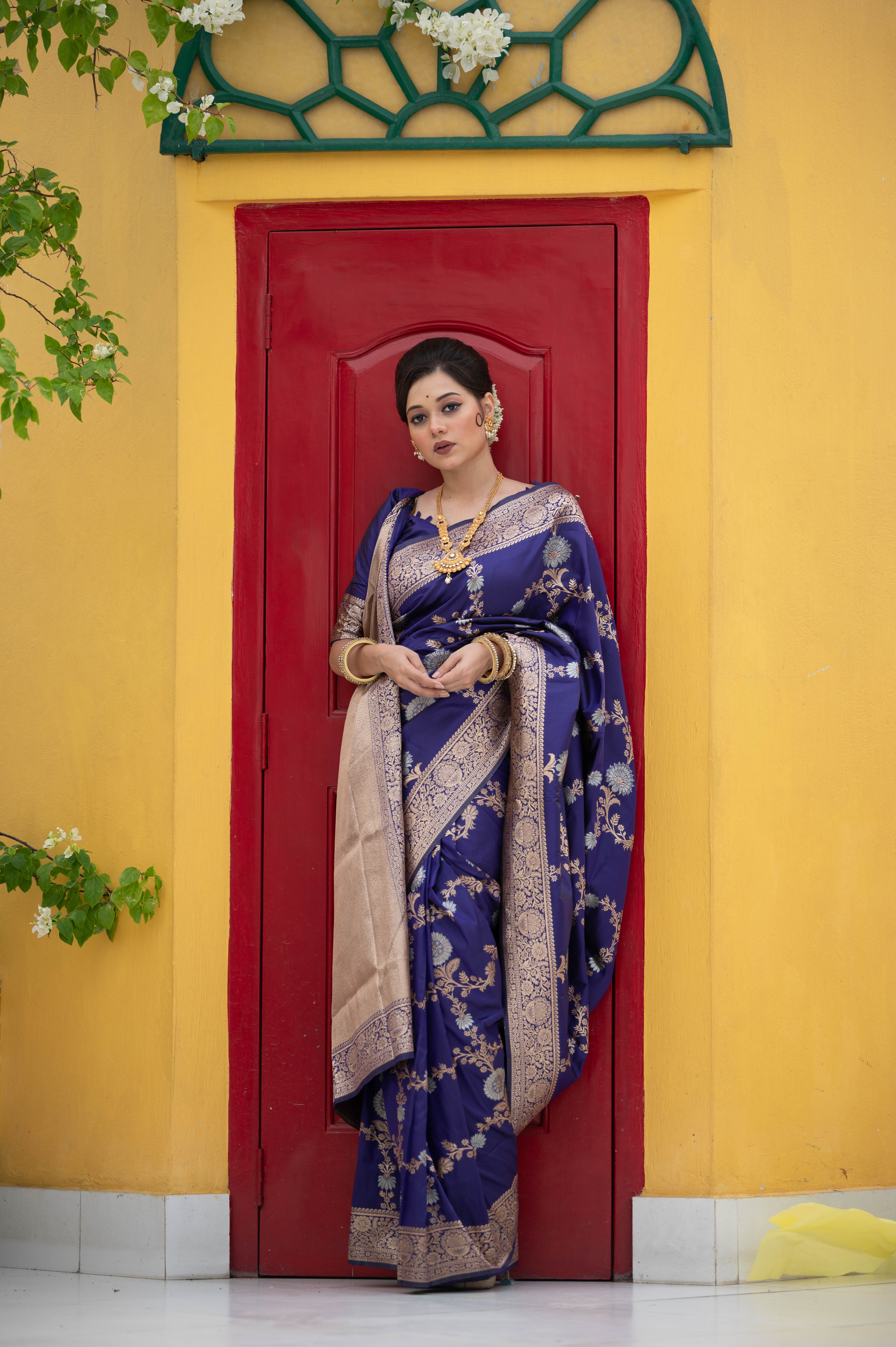 Vsaree Blue Katan Silk Saree With traditional Jamdani type weaving border And Blouse