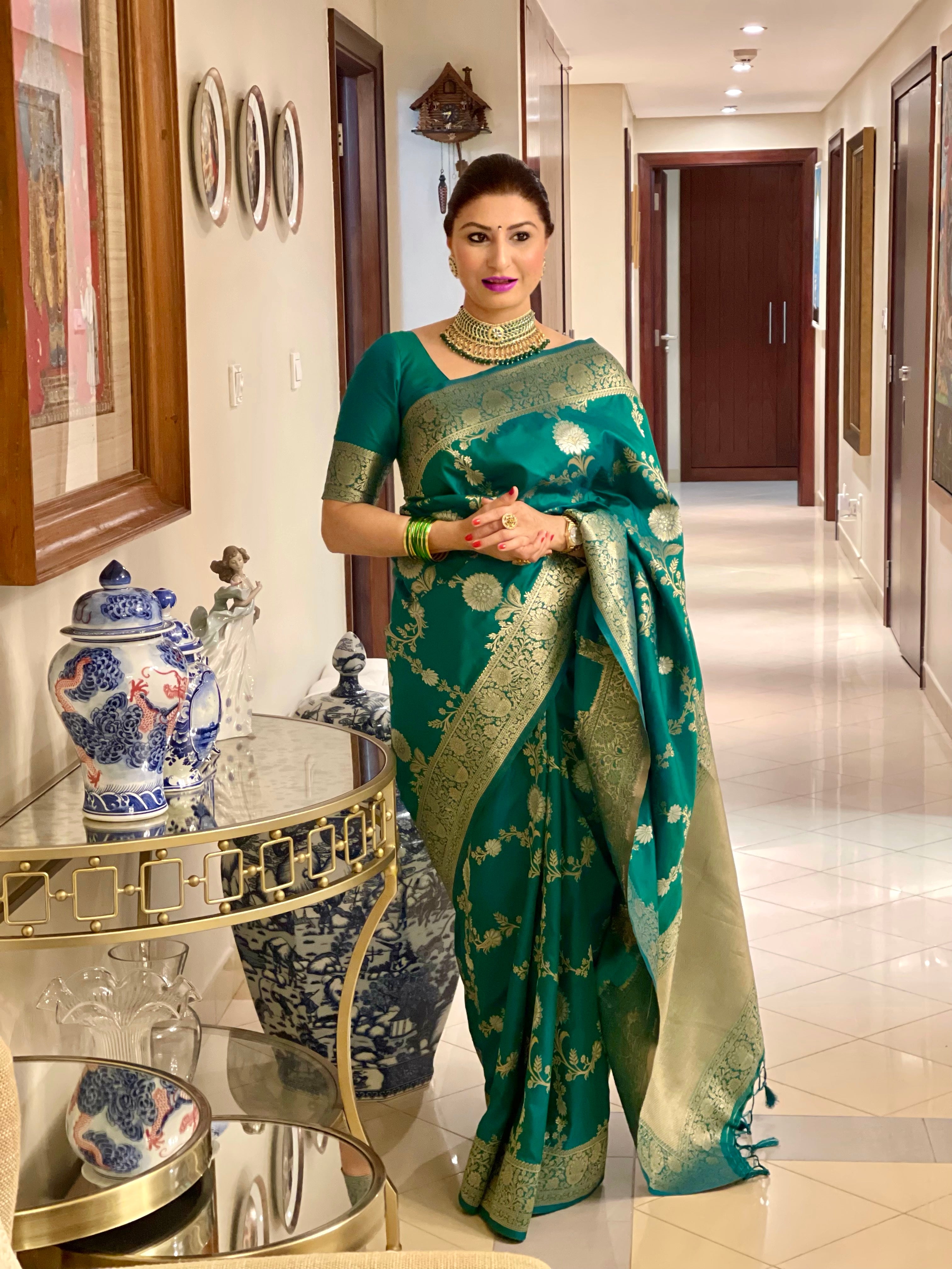 Vsaree Dark Teal Katan Silk Saree With traditional Jamdani type weaving border And Blouse