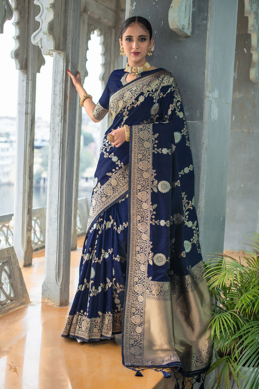 Vsaree Navy Blue Katan Silk Saree With traditional Jamdani type weaving border And Blouse