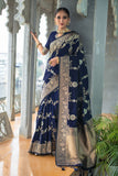 Vsaree Navy Blue Katan Silk Saree With traditional Jamdani type weaving border And Blouse