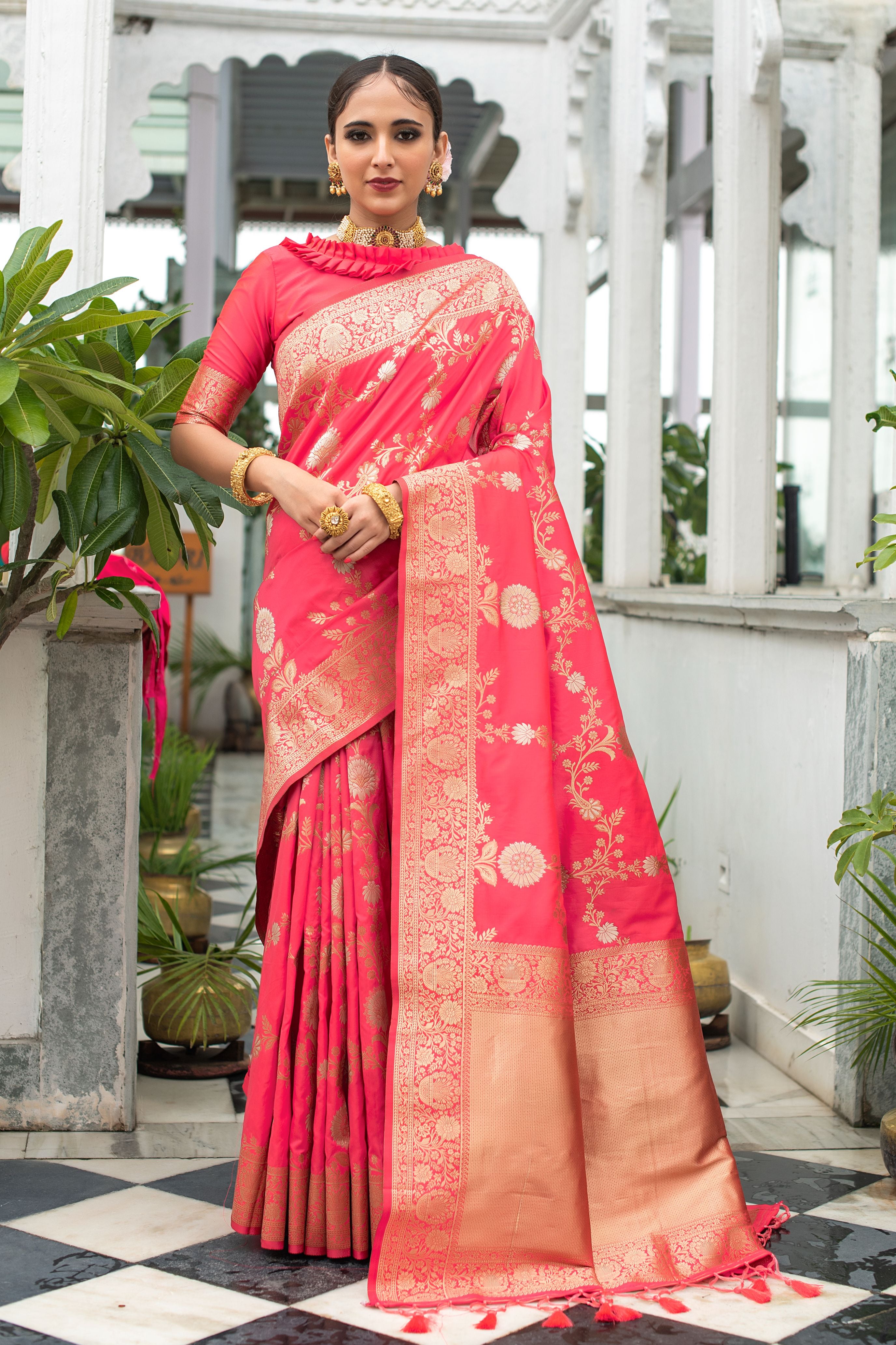 Vsaree Peach Katan Silk Saree With traditional Jamdani type weaving border And Blouse