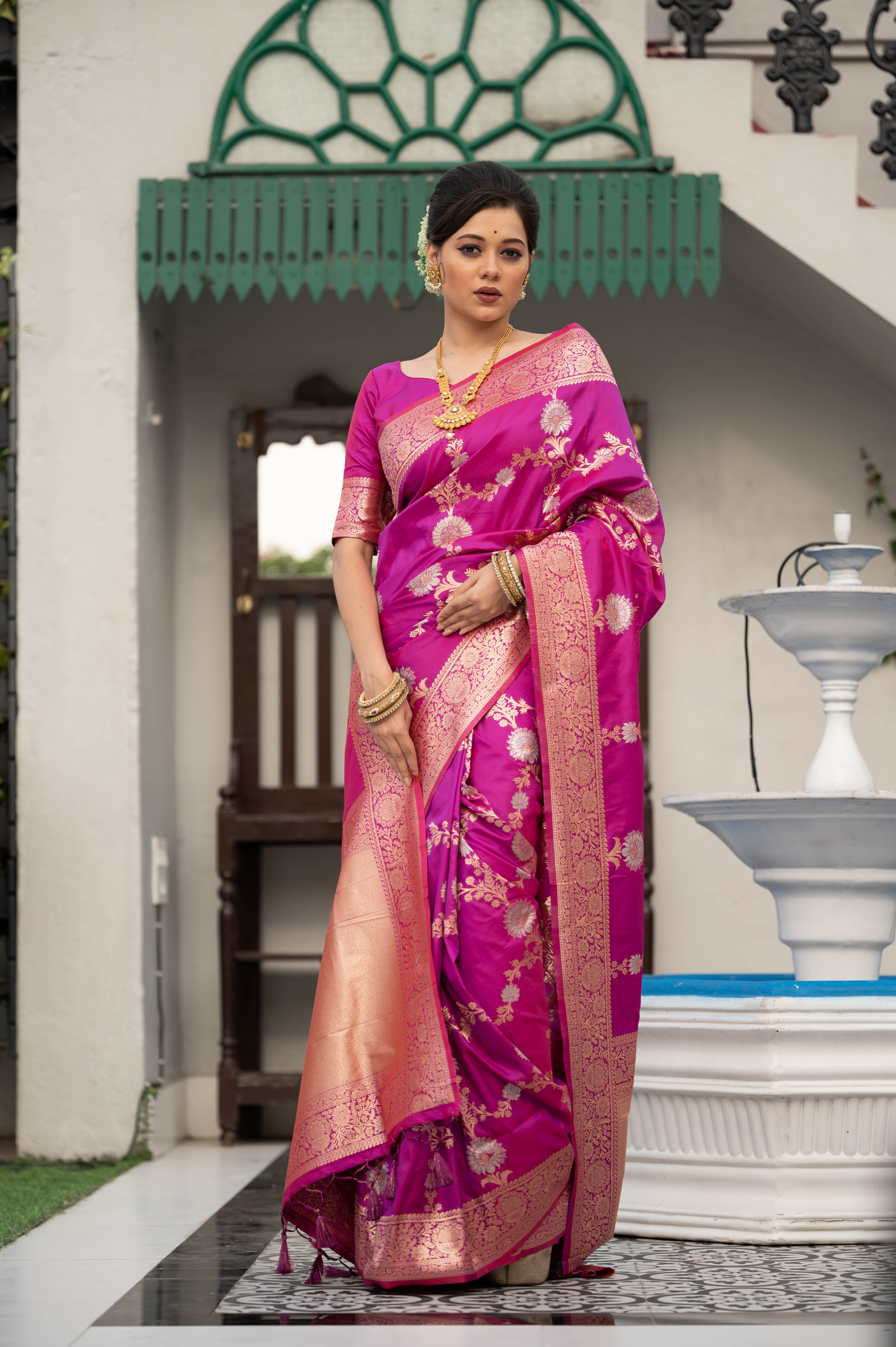 Vsaree Purple Katan Silk Saree With traditional Jamdani type weaving border And Blouse