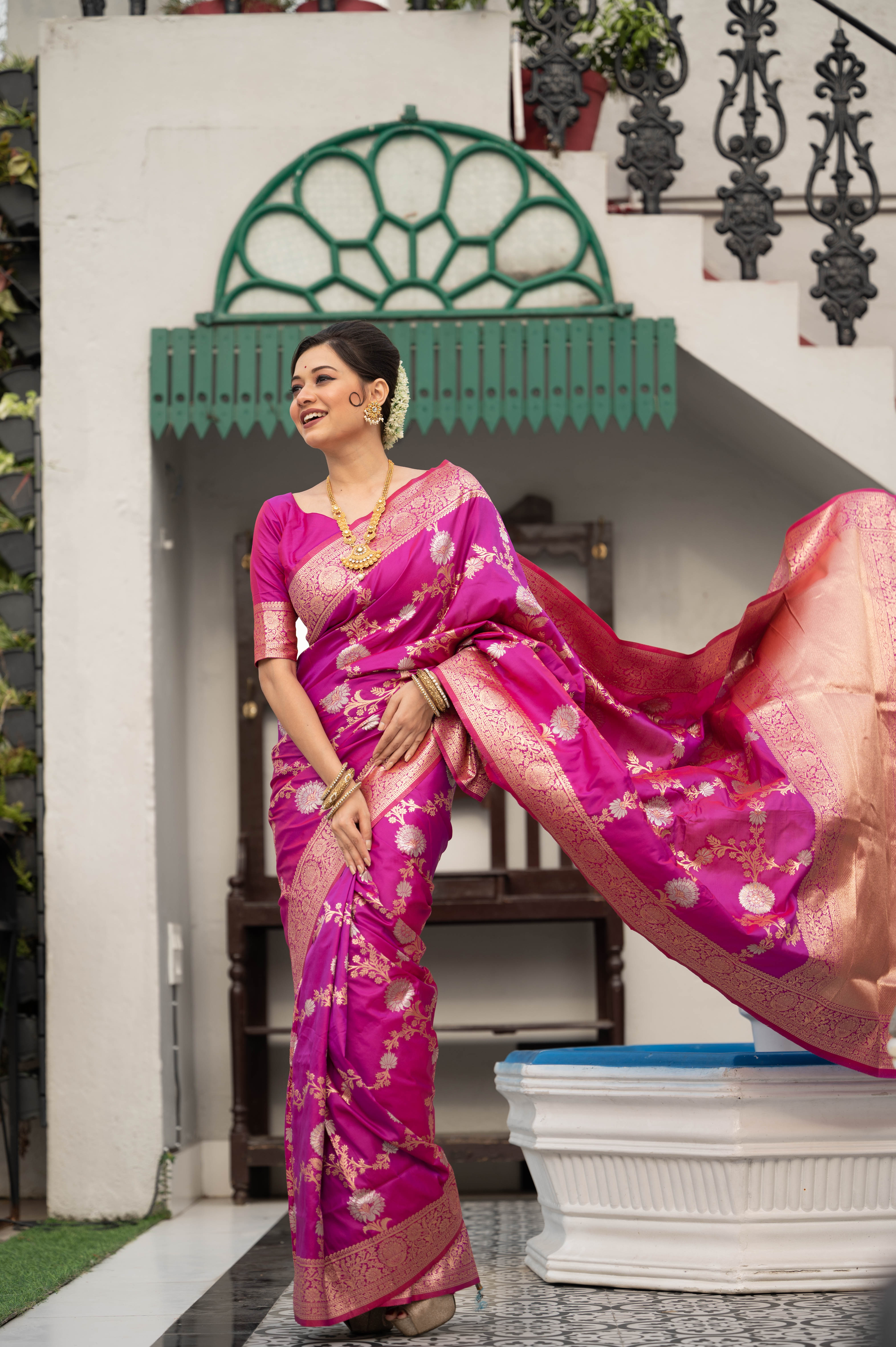 Vsaree Purple Katan Silk Saree With traditional Jamdani type weaving border And Blouse