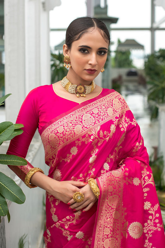 Vsaree Rani Pink Katan Silk Saree With traditional Jamdani type weaving border And Blouse