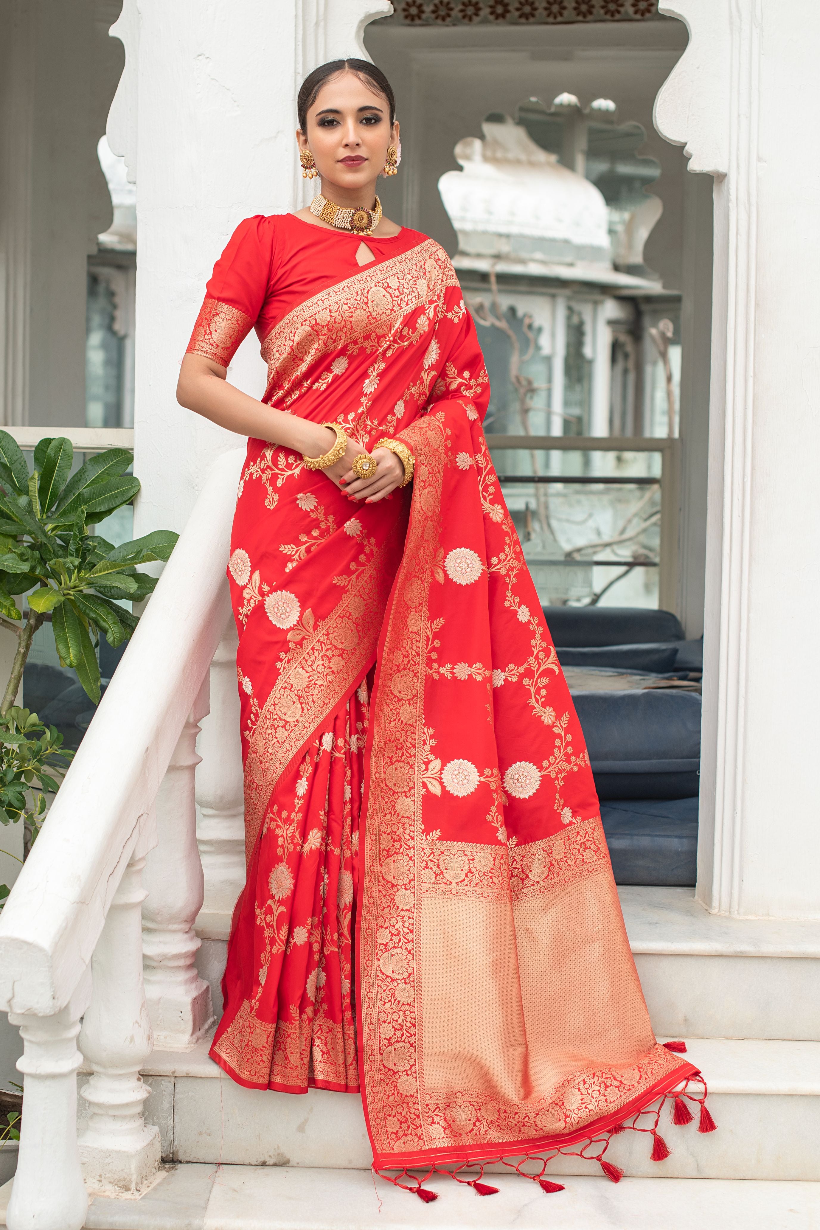 Vsaree Red Katan Silk Saree With traditional Jamdani type weaving border And Blouse