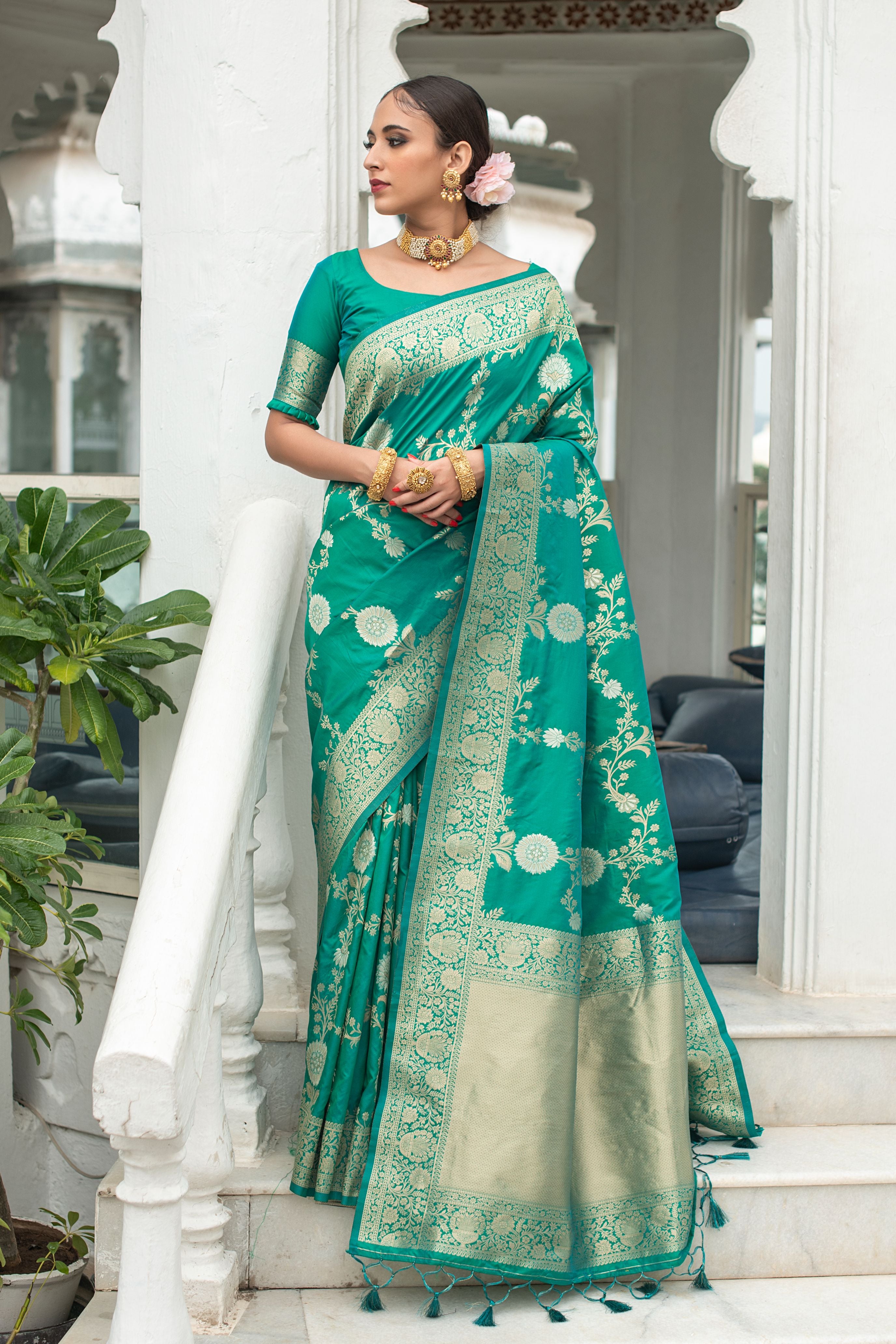 Vsaree Sea Green Katan Silk Saree With traditional Jamdani type weaving border And Blouse